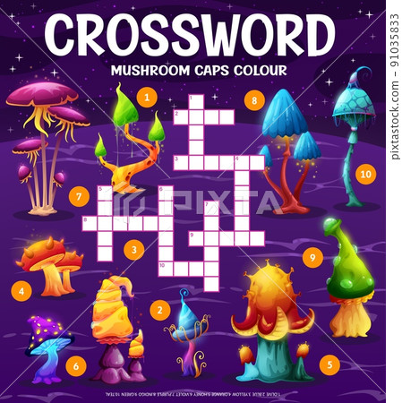 Alien magic mushrooms, find a color of cap crossword grid worksheet. Find a word quiz vector puzzle game, fill in squares riddle on background of space planet with orange, yellow, blue mushrooms 91035833