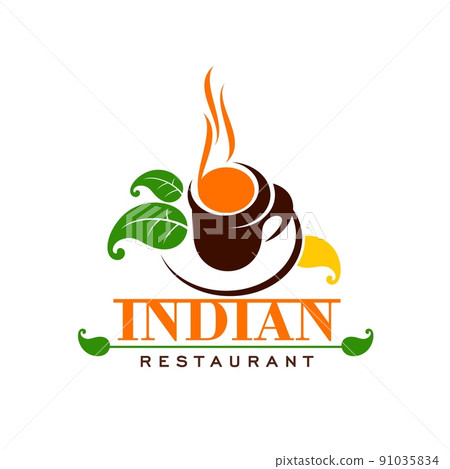 Indian restaurant icon with tea. Asian cuisine, indian food cafe or restaurant vector symbol, colorful emblem or simple icon with cup of steaming hot drink, culinary herbs or spices 91035834