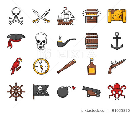 Caribbean pirates outline icons. Vector ship, cannon, captain and chest, compass, anchor, skull and treasure map line icons, crossed swords, hat and parrot, black flag, boat helm, rum isolated symbols 91035850
