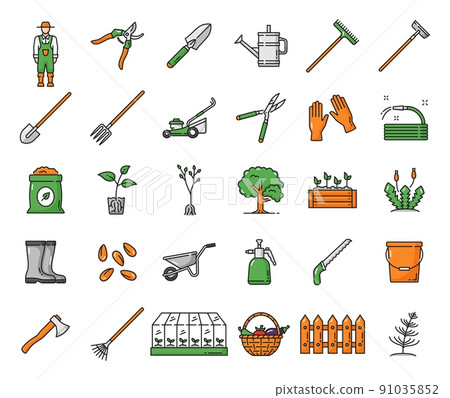 Agriculture farming and gardening icons of farmer tools, vector farm equipment. Garden shovel and rake with watering can and wheelbarrow, gardening secateurs, spade and lawn mower with pruner 91035852
