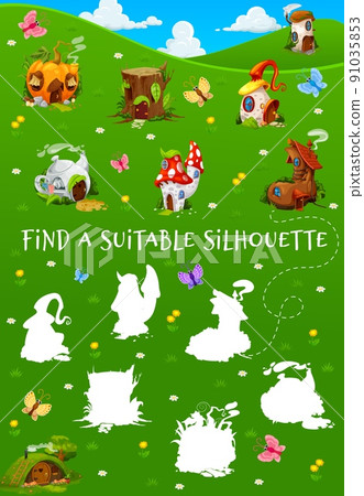 Cartoon village of gnome and elf houses, find suitable silhouette of dwelling, vector kids game. Shadow match puzzle worksheet to find same dwarf or gnome homes in mushroom, boot or tree stump 91035853