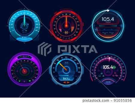 Car speedometer gauges, speed meter neon digital display dials. Isolated vector auto vehicle dashboard indicators, internet download and upload test scale, futuristic speed measurement Car speedometer gauges, speed meter neon digital display dials. Isolated vector auto vehicle dashboard indicators, internet download and upload test scale, futuristic speed measurement 91035856