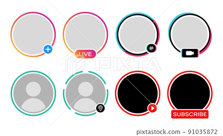 Social media avatar frames, live video icons for Instagram story, vector gradient circle templates. Social media user profile or avatar frame for broadcast stream with subscribe, play and hashtag tags Social media avatar frames, live video icons for Instagram story, vector gradient circle templates. Social media user profile or avatar frame for broadcast stream with subscribe, play and hashtag tags 91035872
