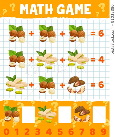 Pistachio, hazelnut and brazilian nuts math game worksheet. Cartoon vector education maze, puzzle for numeracy, addition and mathematics skills development, educational riddle for kids learn counting 91035880