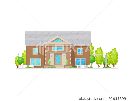 Real estate average residential house or home building exterior, vector architecture facade. Suburban family house or townhouse with garden, villa mansion or cottage duplex lodge with classic entrance 91035899