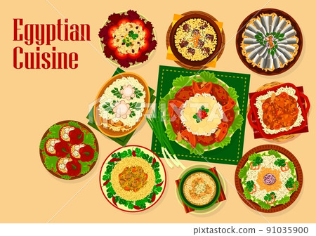 Egyptian cuisine vector food of rice dishes with meat, vegetable and fish. Rice pilaf with lamb, chicken, duck and anchovies, meatball soup, stuffed tomatoes, lentil, couscous and egg barley 91035900