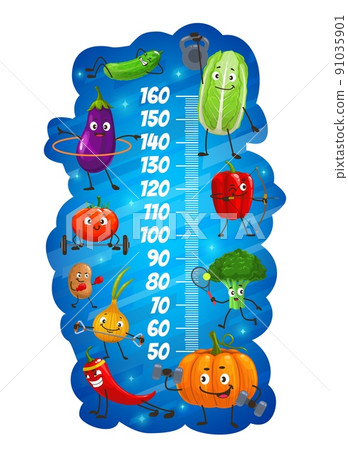 Kids height chart cartoon vegetables on fitness growth meter. Vector ruler scale with cucumber, chinese cabbage, eggplant and tomato with bell pepper. Onion, potato, broccoli and chili with pumpkin 91035901