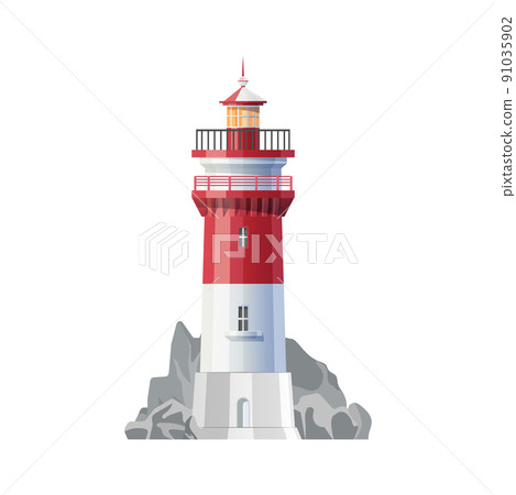 Retro sea lighthouse on coast rocky shore icon. Coastal lighthouse building, nautical lighthouse lantern. Tourism, maritime travel beacon tower on ocean seaside vector symbol 91035902