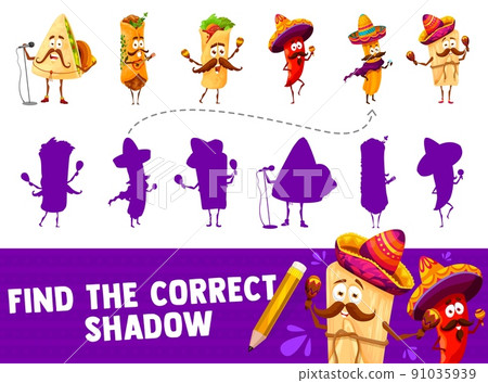 Cartoon funny mexican food characters find the correct shadow game vector worksheet. Tex-mex puzzle quiz or kids riddle, memory game of mexican burrito, taco, chili pepper and quesadilla with sombrero 91035939