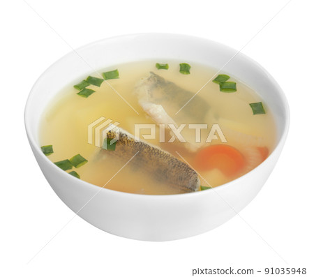 Delicious fish soup in bowl isolated on white Delicious fish soup in bowl isolated on white 91035948