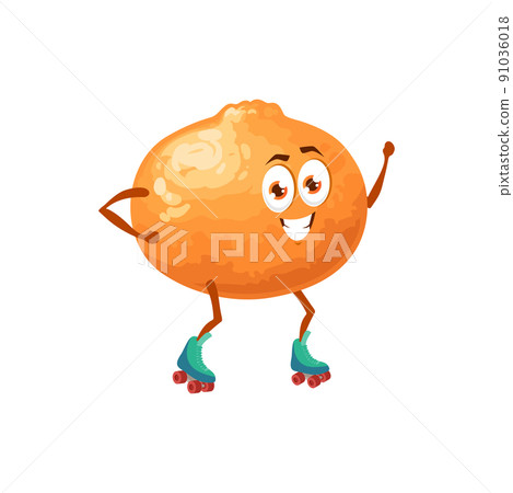 Funny tangerine fruit on rollers, vector cartoon food character. Tangerine citrus fruit on roller skates, fruits in fitness sport or leisure fun, kids personage for vitamin food or emoticon Funny tangerine fruit on rollers, vector cartoon food character. Tangerine citrus fruit on roller skates, fruits in fitness sport or leisure fun, kids personage for vitamin food or emoticon 91036018