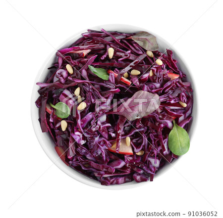 Fresh red cabbage salad in bowl isolated on white, top view Fresh red cabbage salad in bowl isolated on white, top view 91036052