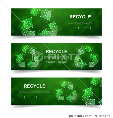 Set of three Recycle horizontal banners. Horizontal illustration for homepage design. Waste recycling low poly symbols with connected dots 91036163