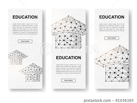 Set of three Graduation cap polygonal vertical banners. 3d E-learning low poly symbols with connected dots. Vertical illustration for homepage design. 91036165