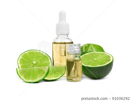 Lime essential oil in bottles and citrus fruits isolated on white 91036292