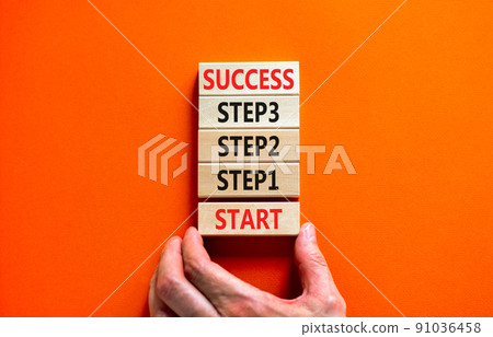 Strat, step and success symbol. Concept words Start step 1 2 3 success on wooden blocks on a beautiful orange table orange background. Businessman hand. Business start step 1 2 3 to success concept. 91036458