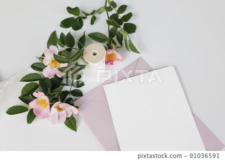 Summer wedding stationery mock-up scene with silk ribbon. Closeup of blank greeting card, invitation. Pink envelope and blooming dog rose flowers isolated on white table background. Top view. Summer wedding stationery mock-up scene with silk ribbon. Closeup of blank greeting card, invitation. Pink envelope and blooming dog rose flowers isolated on white table background. Top view. 91036591