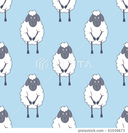 Vector Seamless Pattern with Funny Cute Sheeps on Blue Background. Cartoon Sheeps Seamless Texture, Textile, Wallpaper Design Vector Seamless Pattern with Funny Cute Sheeps on Blue Background. Cartoon Sheeps Seamless Texture, Textile, Wallpaper Design 91036673