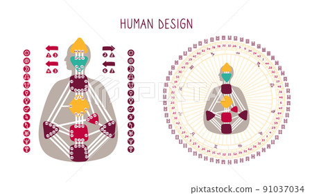 Human Design BodyGraph chart. Nine colored energy centers, planets, variables. Mandala. Hand drawn vector graphic Human Design BodyGraph chart. Nine colored energy centers, planets, variables. Mandala. Hand drawn vector graphic 91037034
