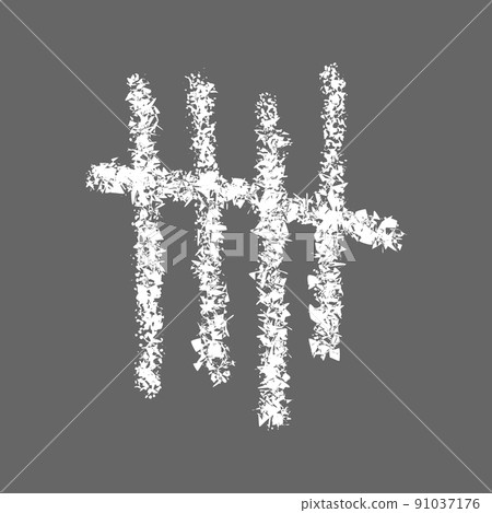 White chalk drawn tally mark isolated on gray background. Four hand drawn sticks crossed out by slash line. Day counting stripes on chalkboard. Unary numeral system sign White chalk drawn tally mark isolated on gray background. Four hand drawn sticks crossed out by slash line. Day counting stripes on chalkboard. Unary numeral system sign 91037176