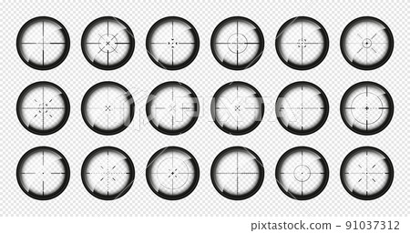 Various weapon sights, sniper rifle optical scopes. Hunting gun viewfinder with crosshair. Aim, shooting mark symbol. Military target sign, silhouette. Game interface UI element. Vector illustration 91037312