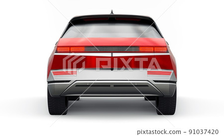 Ultra progressive electric hatchback SUV for people who love technology. Red car on a white isolated background. 3d illustration. Ultra progressive electric hatchback SUV for people who love technology. Red car on a white isolated background. 3d illustration. 91037420
