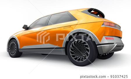 Ultra progressive electric hatchback SUV for people who love technology. Orange car on a white isolated background. 3d illustration. Ultra progressive electric hatchback SUV for people who love technology. Orange car on a white isolated background. 3d illustration. 91037425