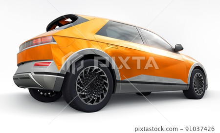 Ultra progressive electric hatchback SUV for people who love technology. Orange car on a white isolated background. 3d illustration. Ultra progressive electric hatchback SUV for people who love technology. Orange car on a white isolated background. 3d illustration. 91037426