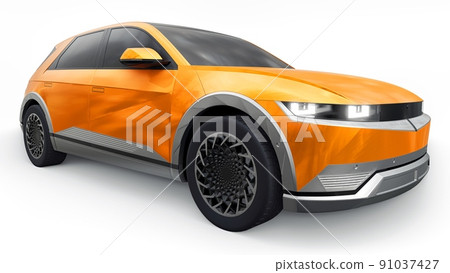 Ultra progressive electric hatchback SUV for people who love technology. Orange car on a white isolated background. 3d illustration. Ultra progressive electric hatchback SUV for people who love technology. Orange car on a white isolated background. 3d illustration. 91037427