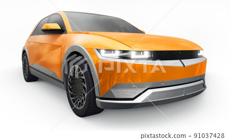 Ultra progressive electric hatchback SUV for people who love technology. Orange car on a white isolated background. 3d illustration. Ultra progressive electric hatchback SUV for people who love technology. Orange car on a white isolated background. 3d illustration. 91037428