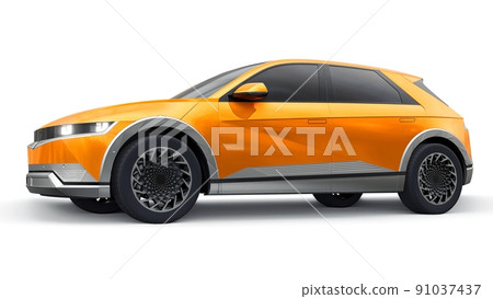 Ultra progressive electric hatchback SUV for people who love technology. Orange car on a white isolated background. 3d illustration. 91037437