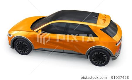 Ultra progressive electric hatchback SUV for people who love technology. Orange car on a white isolated background. 3d illustration. Ultra progressive electric hatchback SUV for people who love technology. Orange car on a white isolated background. 3d illustration. 91037438