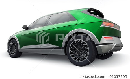 Ultra progressive electric hatchback SUV for people who love technology. Green car on a white isolated background. 3d illustration. Ultra progressive electric hatchback SUV for people who love technology. Green car on a white isolated background. 3d illustration. 91037505