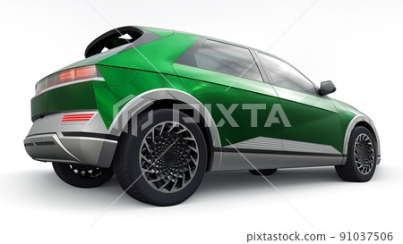 Ultra progressive electric hatchback SUV for people who love technology. Green car on a white isolated background. 3d illustration. Ultra progressive electric hatchback SUV for people who love technology. Green car on a white isolated background. 3d illustration. 91037506