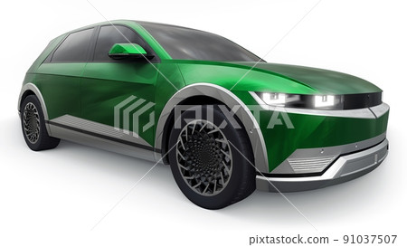Ultra progressive electric hatchback SUV for people who love technology. Green car on a white isolated background. 3d illustration. Ultra progressive electric hatchback SUV for people who love technology. Green car on a white isolated background. 3d illustration. 91037507