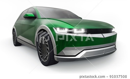 Ultra progressive electric hatchback SUV for people who love technology. Green car on a white isolated background. 3d illustration. Ultra progressive electric hatchback SUV for people who love technology. Green car on a white isolated background. 3d illustration. 91037508