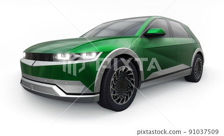 Ultra progressive electric hatchback SUV for people who love technology. Green car on a white isolated background. 3d illustration. Ultra progressive electric hatchback SUV for people who love technology. Green car on a white isolated background. 3d illustration. 91037509
