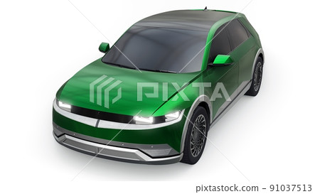 Ultra progressive electric hatchback SUV for people who love technology. Green car on a white isolated background. 3d illustration. 91037513