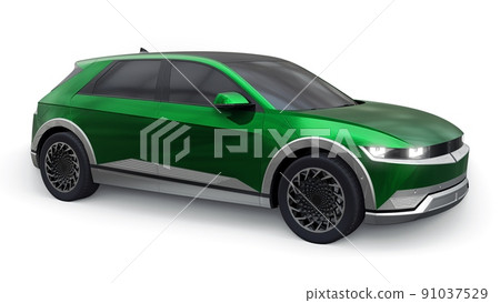 Ultra progressive electric hatchback SUV for people who love technology. Green car on a white isolated background. 3d illustration. Ultra progressive electric hatchback SUV for people who love technology. Green car on a white isolated background. 3d illustration. 91037529