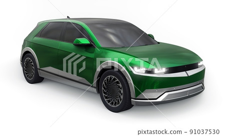 Ultra progressive electric hatchback SUV for people who love technology. Green car on a white isolated background. 3d illustration. Ultra progressive electric hatchback SUV for people who love technology. Green car on a white isolated background. 3d illustration. 91037530