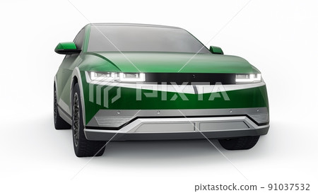 Ultra progressive electric hatchback SUV for people who love technology. Green car on a white isolated background. 3d illustration. Ultra progressive electric hatchback SUV for people who love technology. Green car on a white isolated background. 3d illustration. 91037532