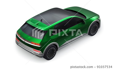 Ultra progressive electric hatchback SUV for people who love technology. Green car on a white isolated background. 3d illustration. Ultra progressive electric hatchback SUV for people who love technology. Green car on a white isolated background. 3d illustration. 91037534