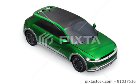Ultra progressive electric hatchback SUV for people who love technology. Green car on a white isolated background. 3d illustration. Ultra progressive electric hatchback SUV for people who love technology. Green car on a white isolated background. 3d illustration. 91037536
