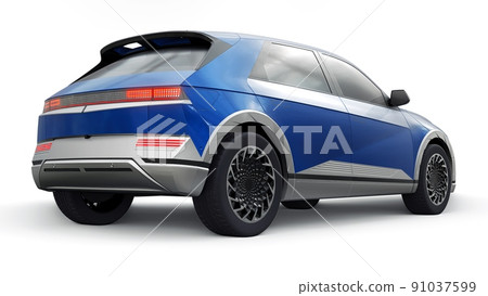 Ultra progressive electric hatchback SUV for people who love technology. Blue car on a white isolated background. 3d illustration. 91037599