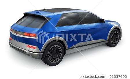 Ultra progressive electric hatchback SUV for people who love technology. Blue car on a white isolated background. 3d illustration. 91037600