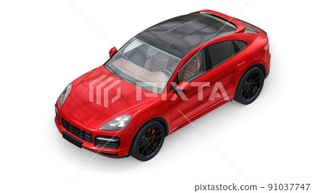 Red 3d model of a sports SUV in a coupe body on a white background. 3d rendering. Red 3d model of a sports SUV in a coupe body on a white background. 3d rendering. 91037747