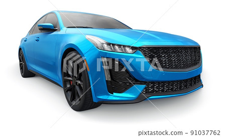 Blue premium business sedan car in a sports configuration on a white background. 3d rendering. 91037762
