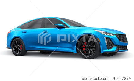 Blue premium business sedan car in a sports configuration on a white background. 3d rendering. 91037859