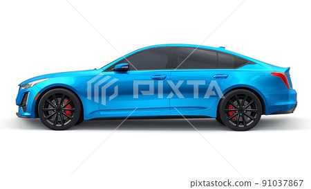 Blue premium business sedan car in a sports configuration on a white background. 3d rendering. Blue premium business sedan car in a sports configuration on a white background. 3d rendering. 91037867