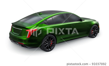 Green premium business sedan car in a sports configuration on a white background. 3d rendering. Green premium business sedan car in a sports configuration on a white background. 3d rendering. 91037892